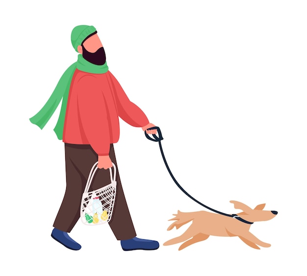 Vecteur homme en promenade avec un personnage de vecteur de couleur semi-plat pour chien. figure dynamique. personne de tout le corps sur blanc. illustration de style dessin animé moderne isolé en plein air pour la conception graphique et l'animation