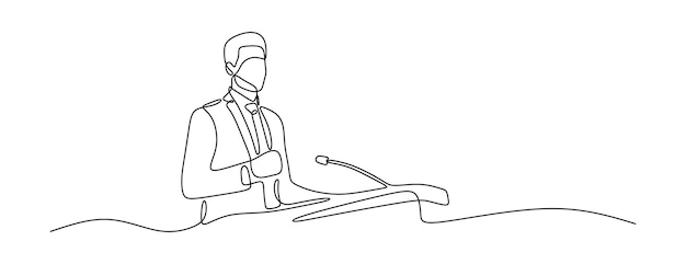 Vecteur l'homme prononce un discours sur le podium en ligne continuous single line art editable line