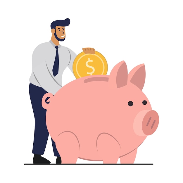L'homme qui met de l'argent dans sa cochonne concept d'investissement littératie financière épargne ou revenu illustration vectorielle plate