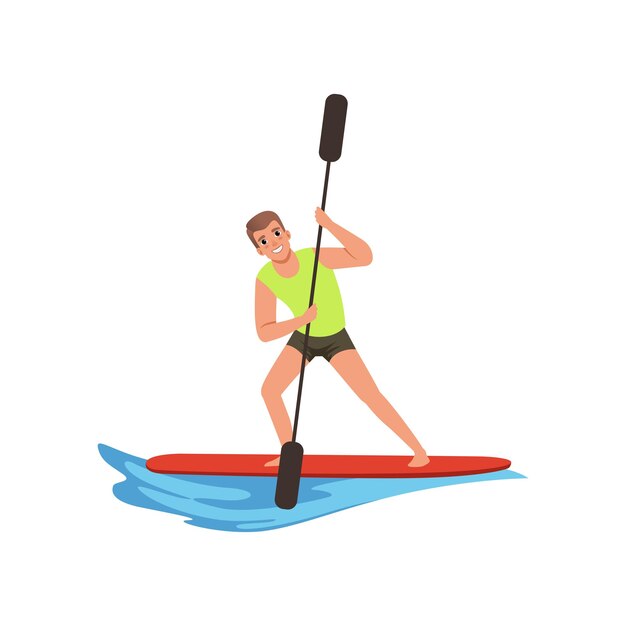 Homme Avec Une Rame Dans Les Mains Debout Sur Un Vecteur D’activité Sport Nautique Planche De Surf Illustration Sur Fond Blanc