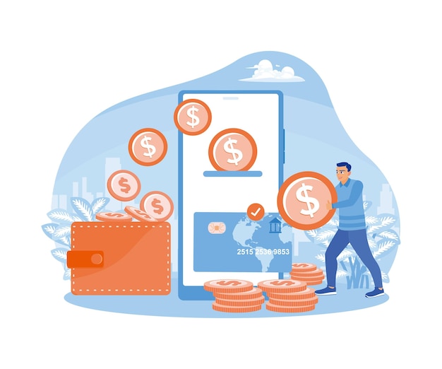 L'homme a reçu un remboursement sur la carte de crédit L'argent va dans le portefeuille Concept de remboursement Illustration vectorielle plate