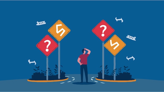 un homme regardant un panneau avec les mots question et question