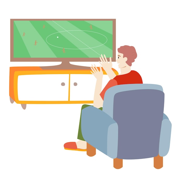 Vecteur homme regardant la télévision le gars est assis sur une chaise et regarde le football salon intérieur auto-isolement