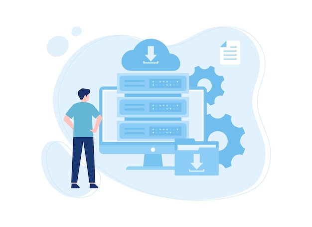 Un homme regarde l'illustration plate du concept de processus de stockage en nuage de données informatiques