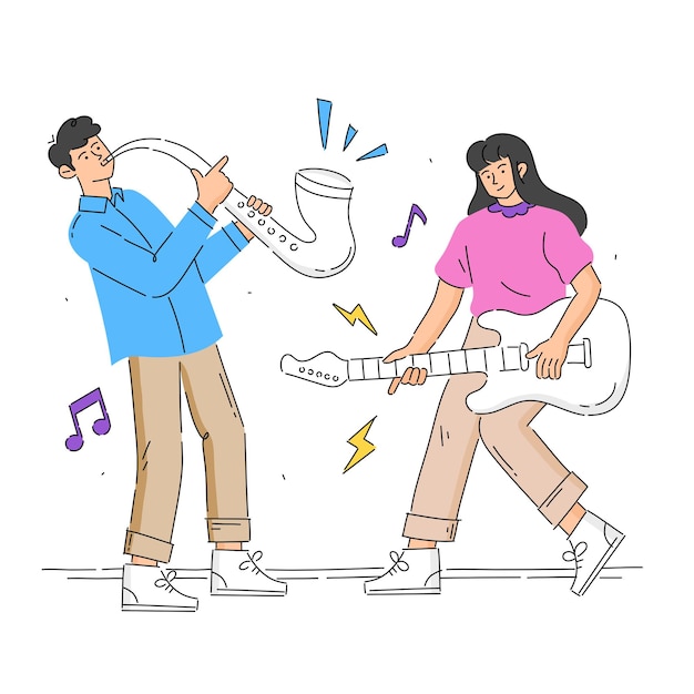 Homme Avec Saxophone Et Femme Avec Guitare