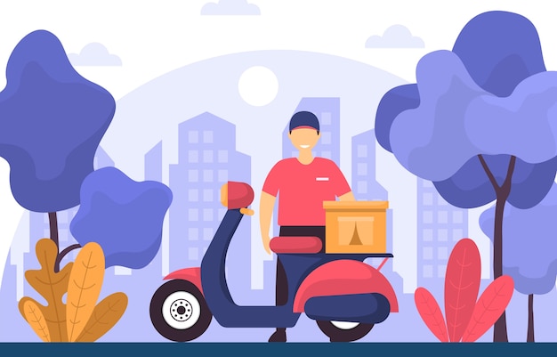 Vecteur homme scooter moto service de livraison express illustration d'expédition de nourriture