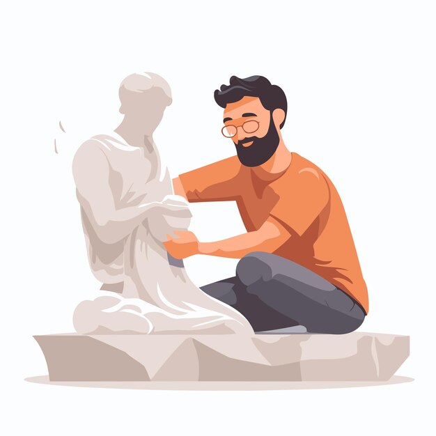 Vecteur homme sculptant une statue de bouddha illustration vectorielle dans le style de dessin animé