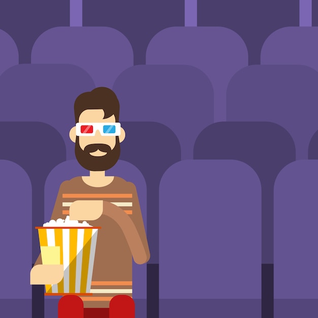 Homme, Séance, Regarder Film, Dans, Cinéma, 3d Lunettes, à, Pop-corn