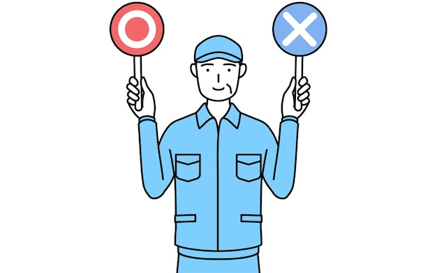 Vecteur homme senior en chapeau et vêtements de travail tenant une pancarte indiquant les réponses correctes et incorrectes