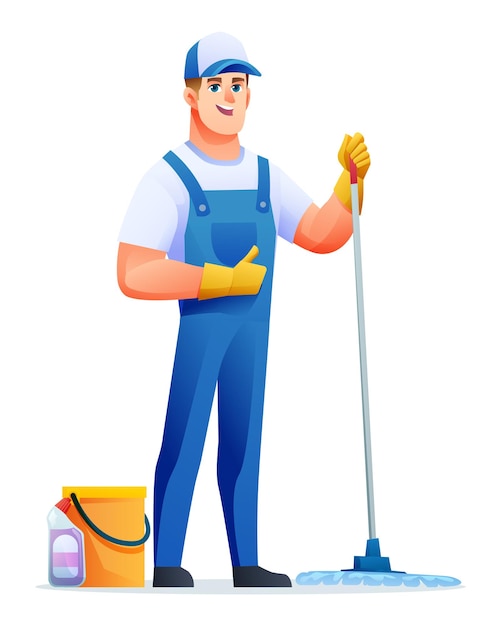 Vecteur homme de service de nettoyage avec vadrouille et seau. personnage de dessin animé de concierge masculin
