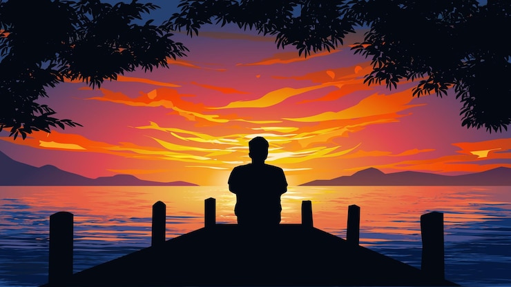 Vecteur homme seul assis sur une jetée. paysage de coucher de soleil au bord du lac