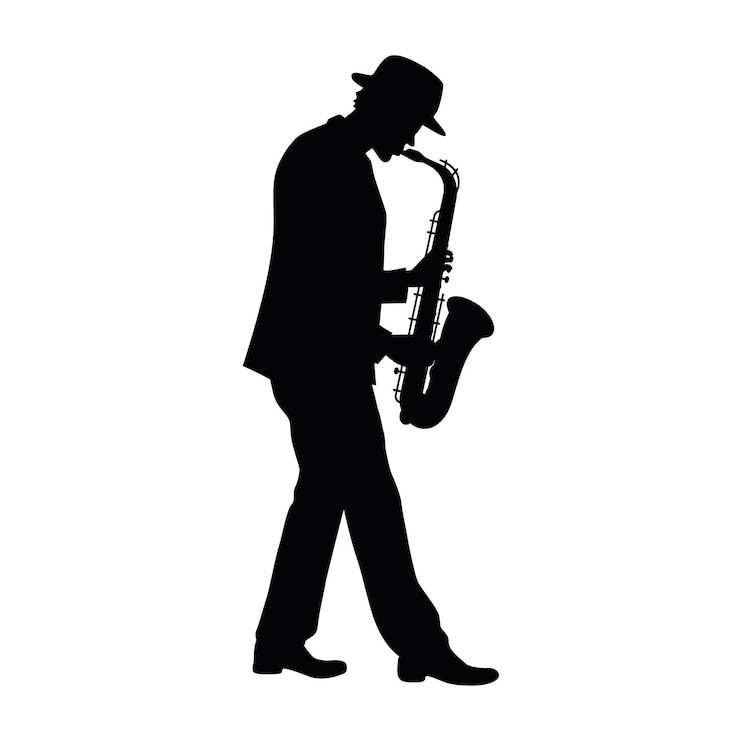 Vecteur homme avec silhouette de saxophone musicien de jazz silhouette de saxophoniste