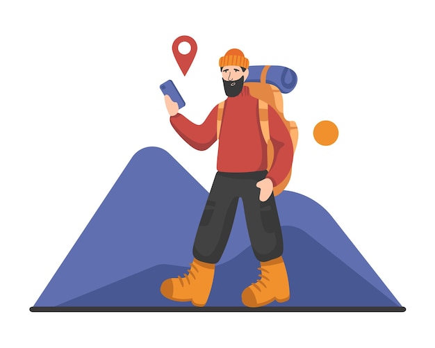 Vecteur un homme souriant se promène dans les montagnes et vérifie l'itinéraire sur une carte en ligne au téléphone. temps pour voyager à l'étranger et visiter des sites touristiques. clients des agences de voyages.
