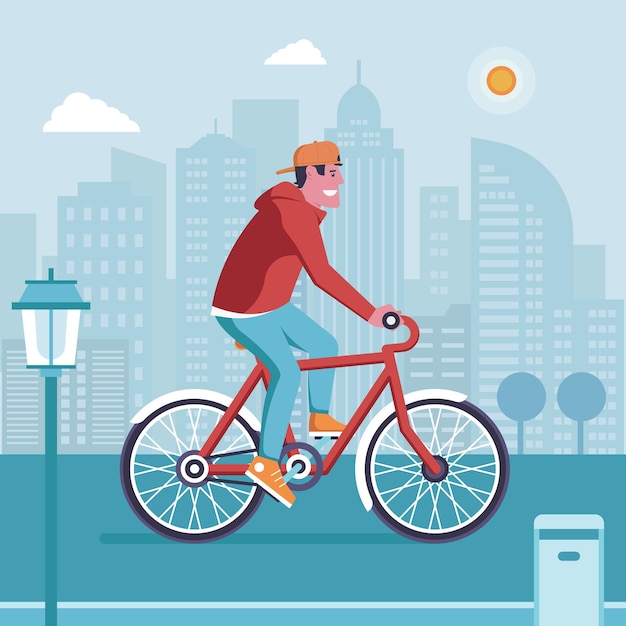 Homme Souriant à Vélo Sur Fond De Ville Moderne. Un Cycliste Faisant Du Vélo Rouge Sur La Route. Illustration Du Concept De Service De Location De Vélos De Ville Avec Un Cycliste Conduisant Au Centre-ville.