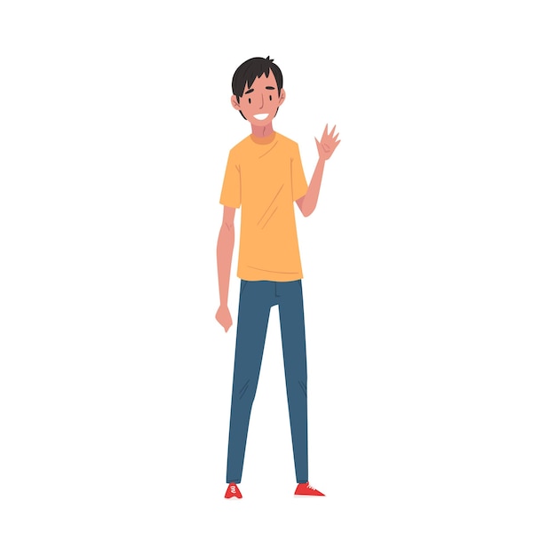 Homme souriant en vêtements décontractés debout et agitant la main Étudiant universitaire ou universitaire Illustration vectorielle de personnage