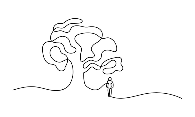 Vecteur l'homme sous le grand arbre en ligne continuous single line art ligne modifiable