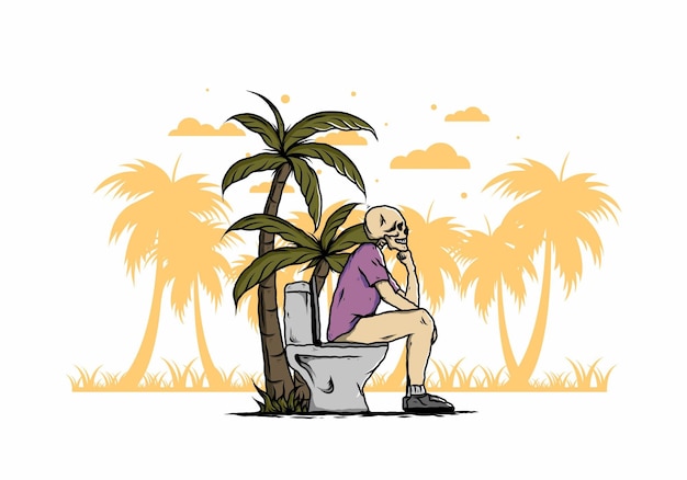 Homme Squelette Assis Sur L'illustration Des Toilettes Extérieures