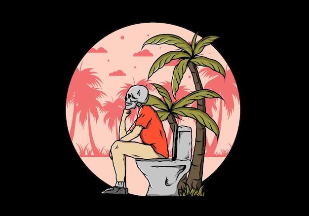 Homme squelette assis sur l'illustration des toilettes extérieures