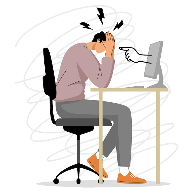 Un homme stressé à l'ordinateur est pointé par une main sur l'écran