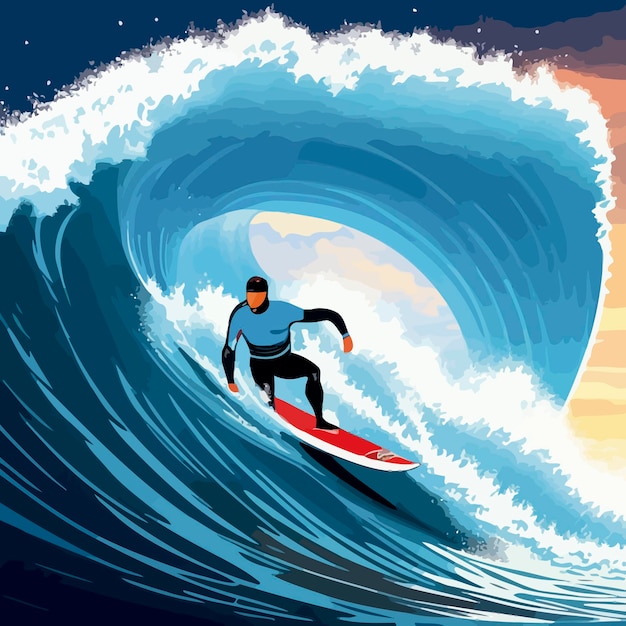 Vecteur homme, surfer, grandes vagues, océan, illustration