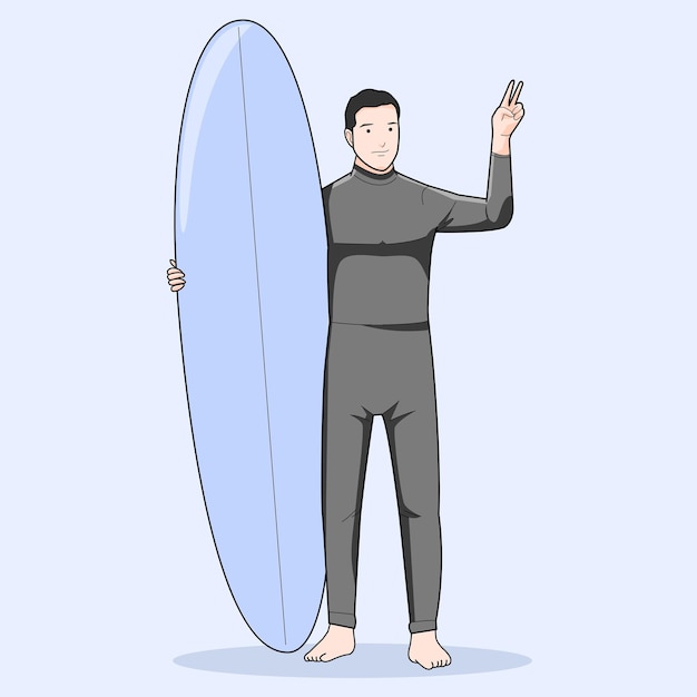 Vecteur un homme surfeur debout tenant une planche de surf souriante