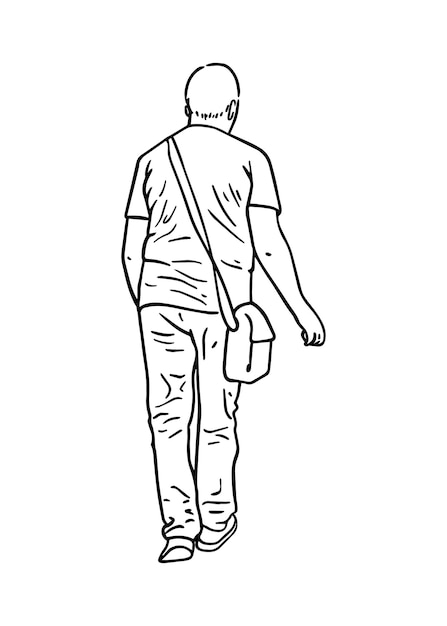 Un Homme Avec Un T-shirt Aux Cheveux Courts Avec Un Sac Sur Son épaule Dans Son Pantalon à Colorier De Dessin Animé Linéaire