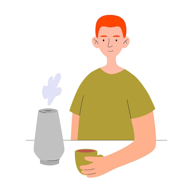 Homme Avec Tasse Concept Purificateur D'air à La Maison