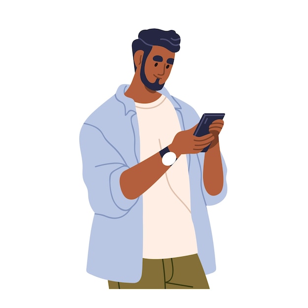 Vecteur homme avec un téléphone portable à la main caractère regardant un smartphone, lisant des messages internet, surfant en ligne, personne tenant un téléphone mobile illustration vectorielle graphique plate isolée sur fond blanc