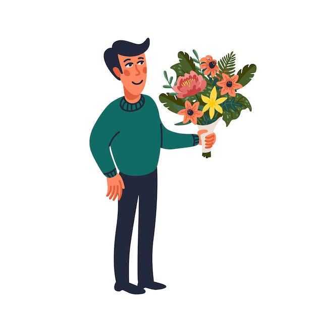 Homme Tenant Un Bouquet De Fleurs. Illustration Vectorielle En Style Cartoon Plat Sur Fond Blanc.