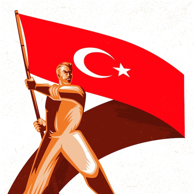 Homme tenant un drapeau de la Turquie avec fierté vector illustration