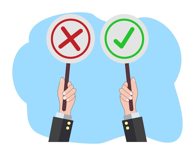 homme tenant à la main le panneau de signalisation droit et faux symbole ou illustration de vote et de scrutin