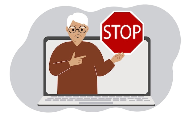 Vecteur un homme tenant un panneau d'arrêt rouge sur l'écran d'un ordinateur portable attaque par virus compte d'erreur ou suppression de page