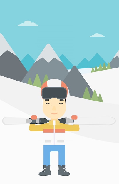 Homme Tenant Des Skis Vector Illustration.