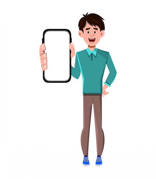 Homme tenant un téléphone intelligent noir avec écran blanc blanc