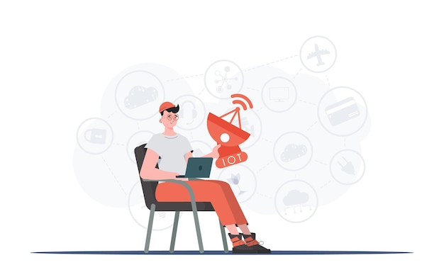 Un homme tient une antenne parabolique dans ses mains Internet des objets et concept d'automatisation Bon pour les présentations et les sites Web Illustration vectorielle dans un style plat branché