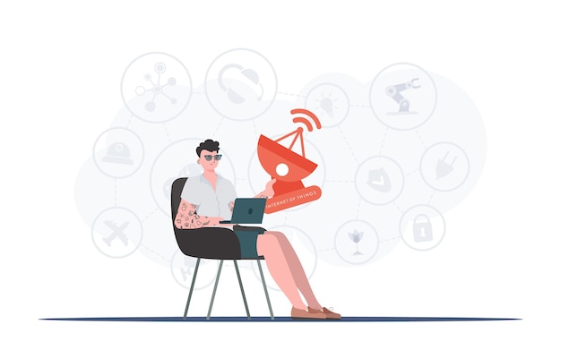 Un homme tient une antenne parabolique dans ses mains Internet des objets et concept d'automatisation Bon pour les sites Web de présentations et la typographie Illustration vectorielle dans un style plat branché