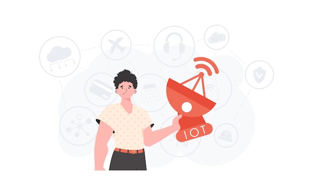 Un Homme Tient Une Antenne Parabolique Dans Ses Mains Internet Des Objets Concept Bon Pour Les Présentations Et Les Sites Web Style Plat Tendance Illustration Vectorielle