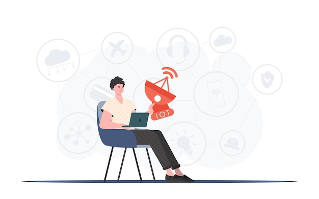 Un homme tient une antenne parabolique dans ses mains IOT et concept d'automatisation Bon pour les sites Web de présentations et la typographie Illustration vectorielle dans un style plat