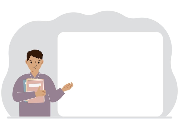 L'homme tient beaucoup de livres à proximité est une grande affiche blanche pour votre texte