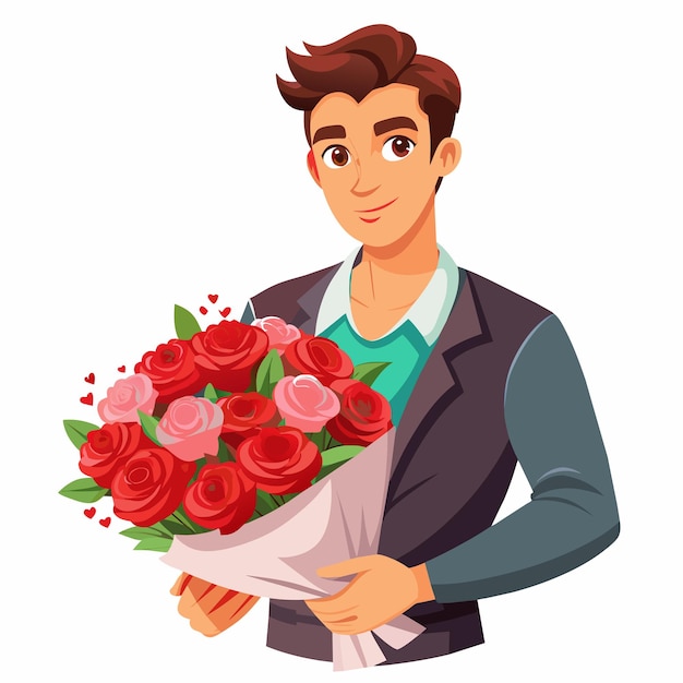 Un homme tient un bouquet de roses rouges Il sourit et regarde la caméra