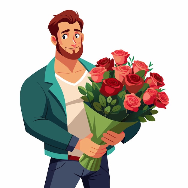 Vecteur un homme tient un bouquet de roses rouges il sourit et regarde la caméra