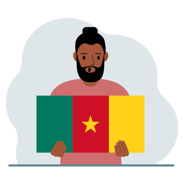 Vecteur un homme tient le drapeau du cameroun dans ses mains le concept de fête nationale de démonstration ou de patriotisme nationalité