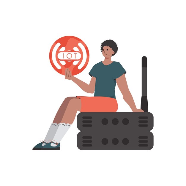 Un homme tient une icône de chose Internet dans ses mains Concept de routeur et de serveur IoT Style plat à la mode isolé