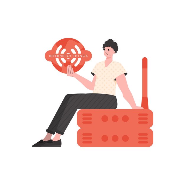 Un homme tient une icône de chose Internet dans ses mains Routeur et serveur IOT et concept d'automatisation Illustration vectorielle isolée