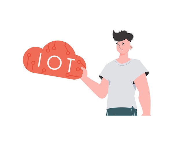 Un homme tient une icône IoT dans ses mains Concept IoT Vecteur isolé