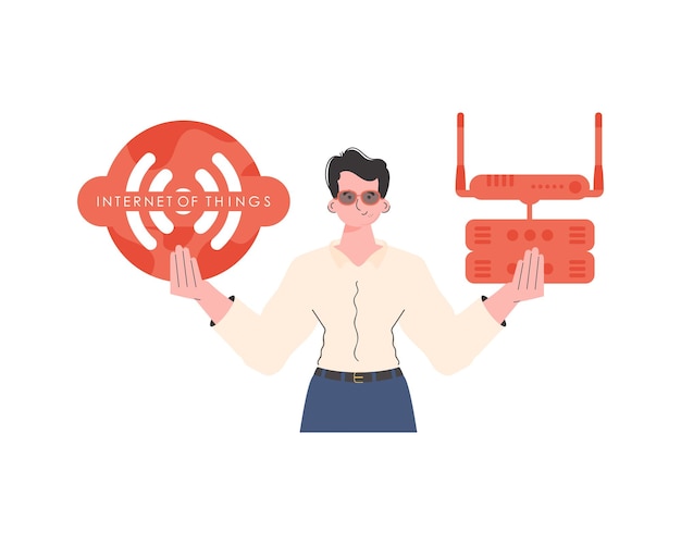 Un homme tient le logo de l'internet des objets dans ses mains Routeur et serveur Internet des objets concept Illustration vectorielle isolée