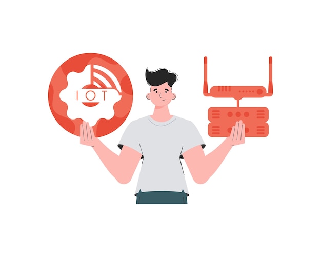 Un homme tient le logo de l'internet des objets dans ses mains Routeur et serveur Internet des objets concept Style plat à la mode isolé