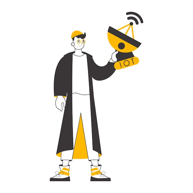 Un homme tient le logo Internet des objets dans ses mains style tendance linéaire isolé sur fond blanc illustration vectorielle