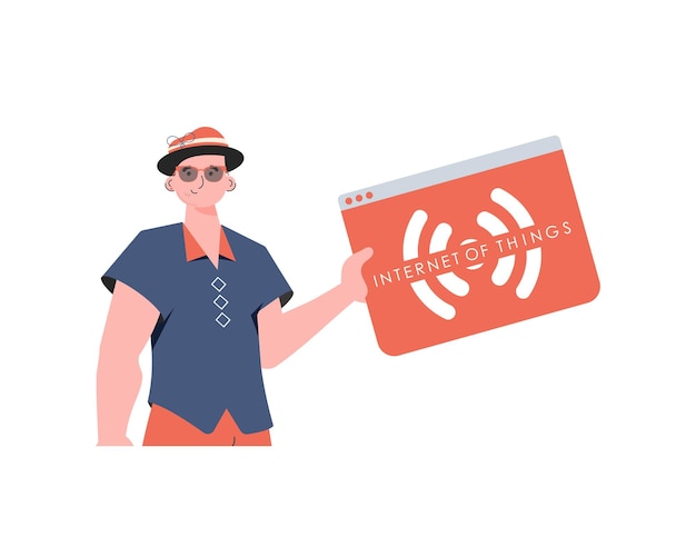 Un homme tient un logo IoT dans ses mains Concept de l'Internet des objets Illustration vectorielle isolée dans un style plat branché