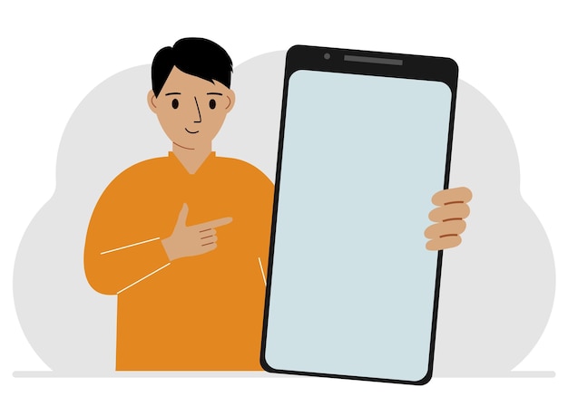 Un homme tient une maquette d'un grand smartphone avec un écran vide et avec sa seconde main pointe vers l'écran du téléphone illustration vectorielle plate